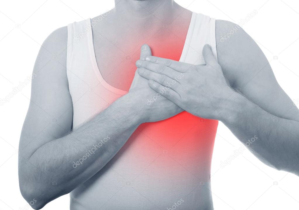 man holding to the chest, heart attack or arrhythmia