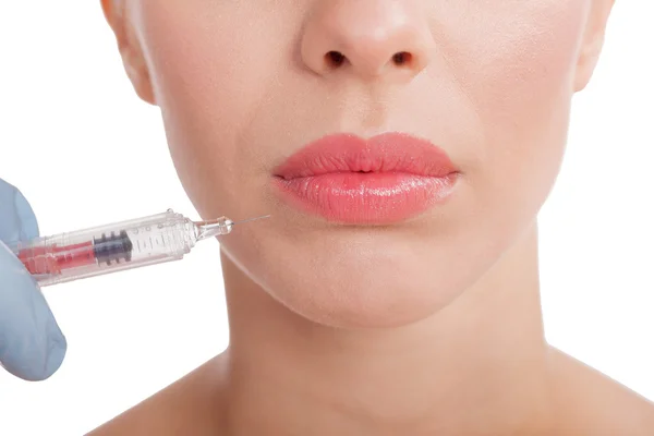 Close up botox shot in the female lips — Stock Photo, Image