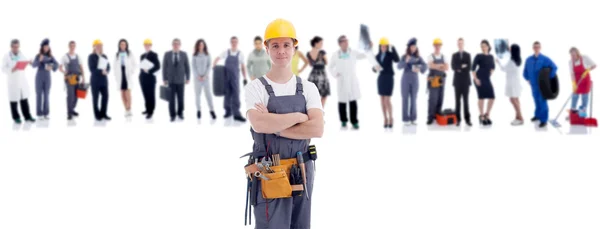 Group of people in front mechanic — Stock Photo, Image