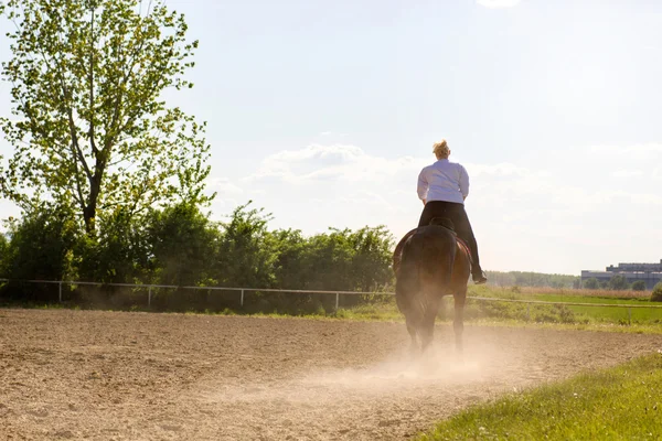 Beautiful blonde woman riding a horse in countryside — Stock Photo, Image