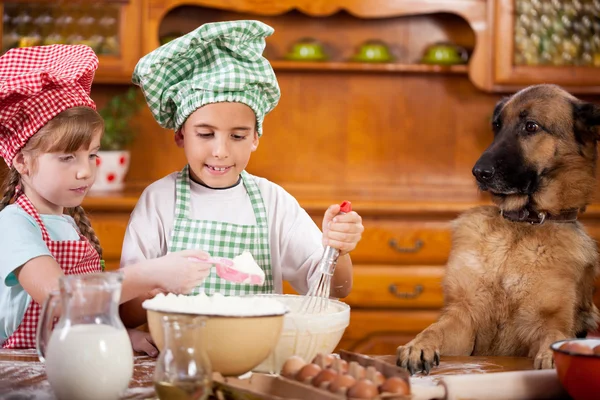 Dois pequenos chefs desfrutando na cozinha fazendo grande bagunça. Alemão — Fotografia de Stock