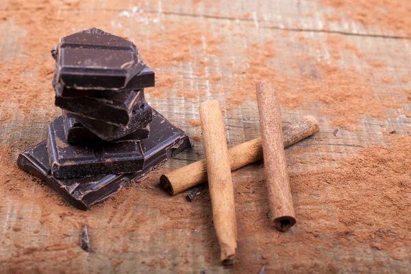Chocolats délicieux et poudre de cacao — Photo