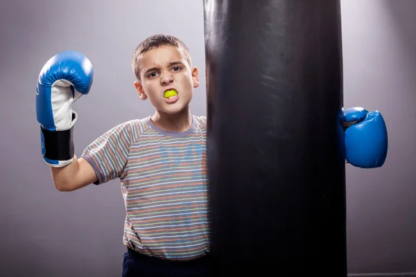 Vinner, lite barn med boksehansker – stockfoto