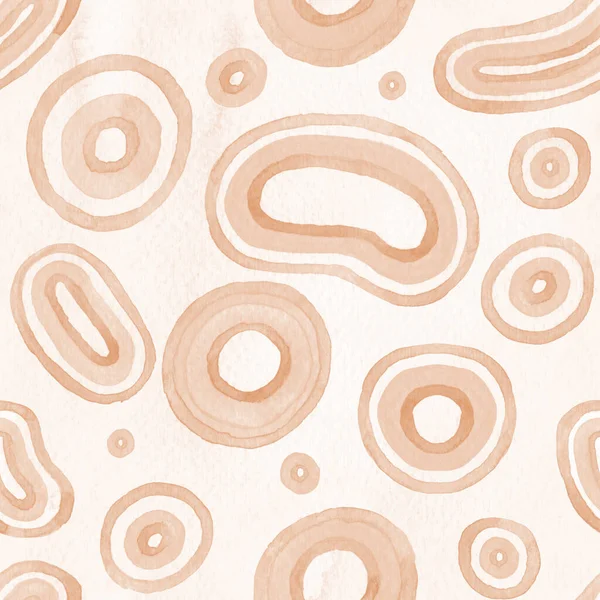 Peach playful watercolor seamless pattern with circles and rings. Raster hand painted background. Great for fabric, packaging, surface design.
