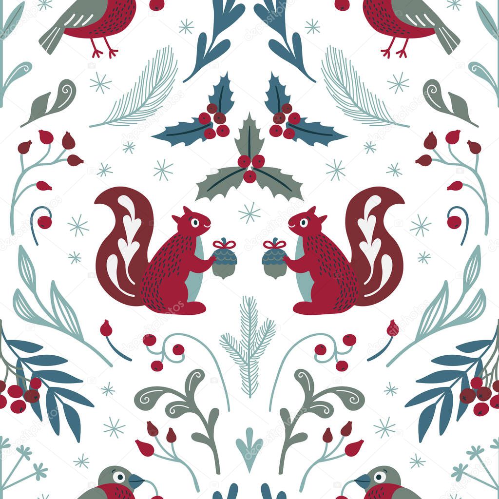 Cute seamless Christmas pattern with squirrels, bullfinches and winter flora. Vector.