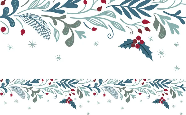 Frontière Horizontale Noël Avec Flore Hivernale Modèle Floral Vectoriel Bannière — Image vectorielle