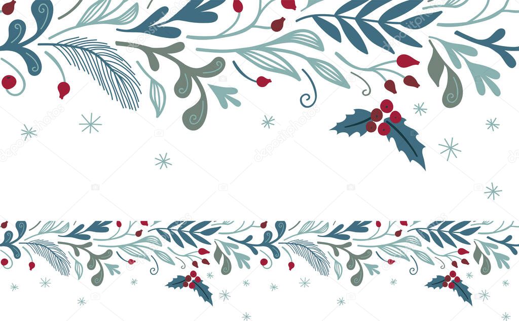 Christmas horizontal border with winter flora. Vector floral template, holiday banner.