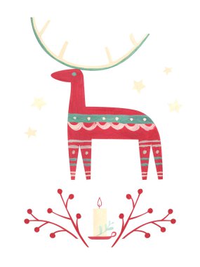 Elle boyanmış ren geyiği kartı. İskandinav Noel modern illüstrasyonu. Basit gouache grafiği.