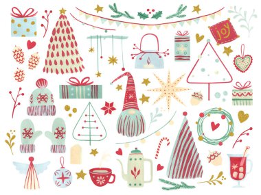 İskandinav Noel 'i el boyaması seti. Raster çizimleri beyaza izole edilmiş. Küçük tatil ikonları koleksiyonu. Takvim, ambalaj, destek, selamlama için harika.