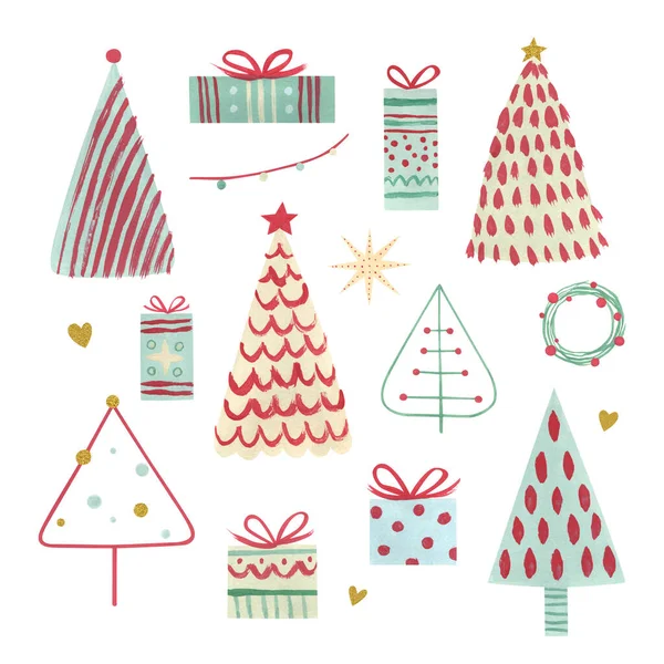 Scandinavian Christmas Set Trees Presents Simple Modern Hand Painted Illustrations — Stock Photo, Image