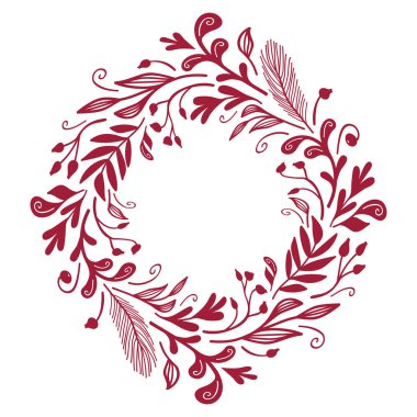 Kış bitkisi yuvarlak çerçeve. Vektör kartı şablonu. Kırmızı Noel tasarımı.