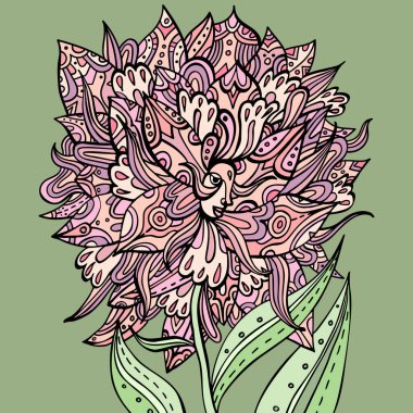 Pink ornate flower with a face. Fairytale floral princess, goddess. Tribal boho tattoo. Vector coloring page. 