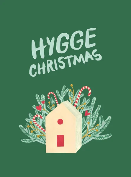 Hygge Julkort Julillustration Med Text Handmålat Hus Med Gyllene Bär — Stockfoto