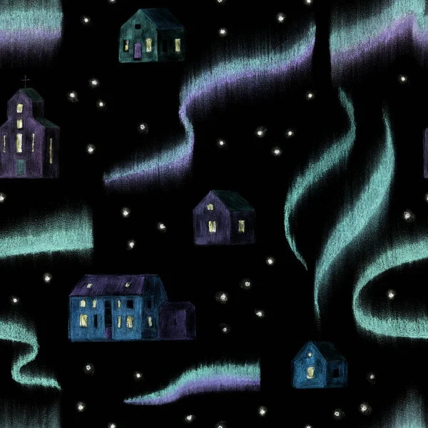 Бесшовный Рисунок Авроры Северном Городе Северное Сияние Звезды Дома Ручная — стоковое фото