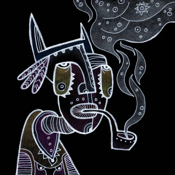 Portrait Tribal Man Smoking Pipe Black White Ethnic Illustration Hand — Stock Photo, Image