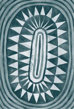 Afrika kültüründen esinlenilmiş üçgen çemberli el boyası dokusu. Koyu yeşil raster arkaplanı.