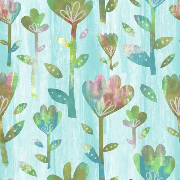 Blue Pink Floral Seamless Pattern Turquoise Background Hand Painted Cute — Stock Photo, Image