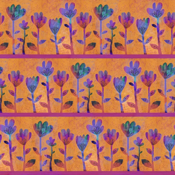 Violet Red Floral Seamless Pattern Orange Background Hand Painted Cute — Stock Photo, Image