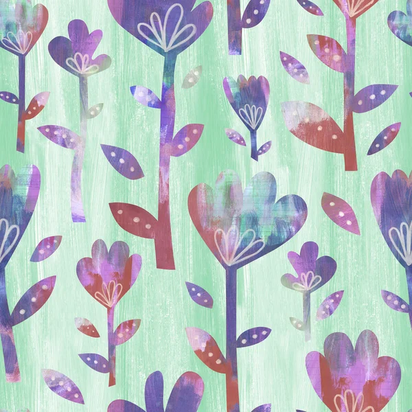ミントの背景にバイオレットアクリルフラワーシームレスパターン 手描きのかわいい春の花 漫画の花の芸術的なテクスチャ — ストック写真