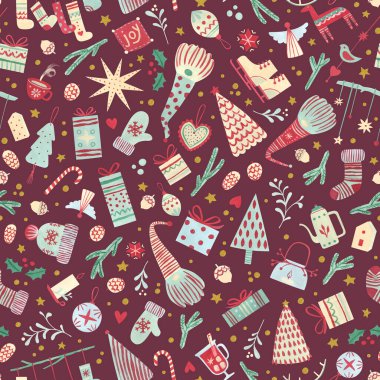 Kırmızıda şirin İskandinav Noel deseni. İskandinav bayramı öğeleriyle el boyaması. Ambalaj kağıdı, kırtasiye, ambalaj için harika..
