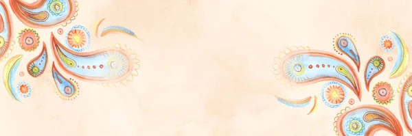 桃の繊細な水彩ペイズリー水平バナー ボヘミアンオリエンタルスタイルで手描きの背景 ウェブサイトのデザイン パッケージのための感謝 — ストック写真