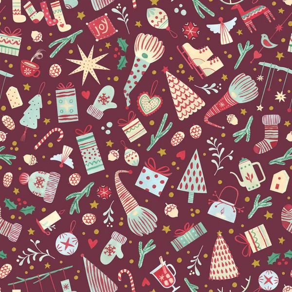 Cute Scandinavian Christmas seamless pattern on red. Hand-painted texture with nordic holiday elements. Great for wrapping paper, stationery, packaging.