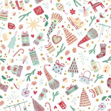 Beyaz, şirin İskandinav Noel desenli. İskandinav bayramı öğeleriyle el boyaması. Ambalaj kağıdı, kırtasiye, ambalaj için harika..