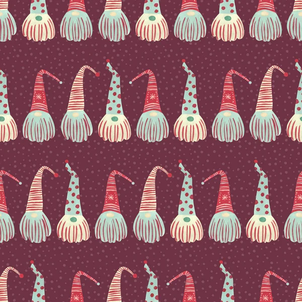 Cute Scandinavian Christmas seamless pattern with gnomes on red. Hand-painted gnome backdrop. Great for wrapping paper, stationery, packaging.