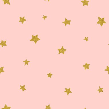 Pembe üzerinde altın yıldızlar olan kusursuz bir desen. Yeni yıl, Noel kutlaması arkaplanı. Arka plan, ambalaj, kırtasiye, ambalaj kağıdı için harika..