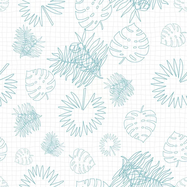 Tropiska Palmblad Sömlösa Mönster Rutnät Bakgrund Blå Botanisk Bakgrund Enkel — Stock vektor