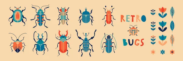 Colección de insectos retro y florales. Conjunto de ilustración vectorial de escarabajos en estilo vintage colorido 1960. — Vector de stock