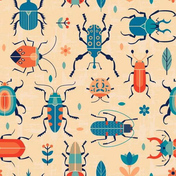 Patrón sin costuras retro bug. Ilustración geométrica vectorial con diferentes insectos y florales. — Vector de stock