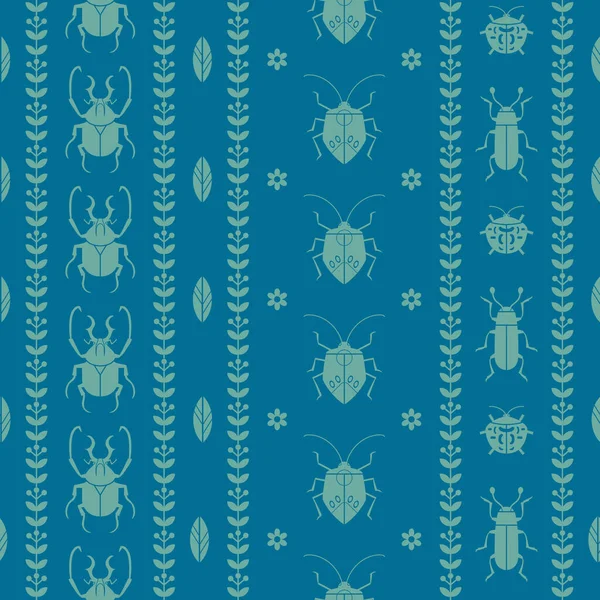 Patrón sin costuras de insecto azul. Textura vectorial rayada con diferentes insectos y florales. — Vector de stock