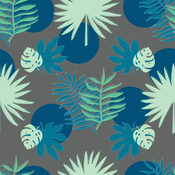 Floral motif tropical sans couture. Feuilles de palmier vert et cercles bleus sur gris, texture vectorielle. — Image vectorielle