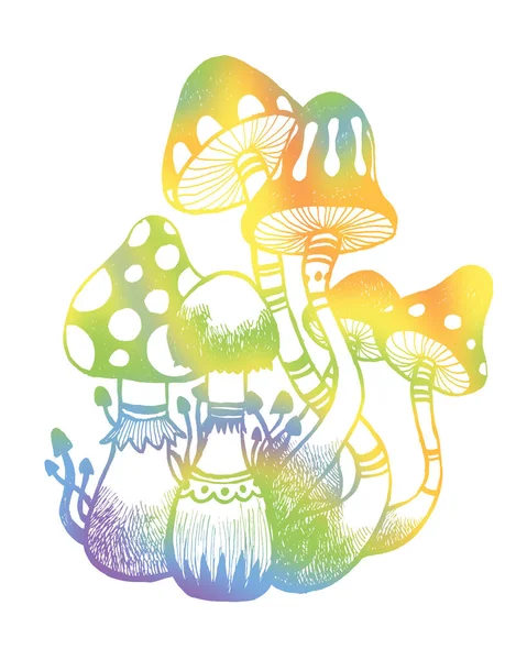 Illustrazione psichedelica del fungo arcobaleno isolato su bianco. Arte esoterica hippie. — Foto Stock