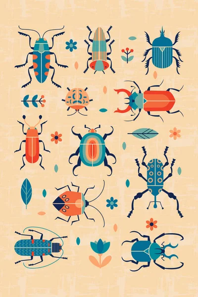 Retro bugs and florals illustration. Diseño de póster vectorial con escarabajos en estilo vintage colorido 1960. — Vector de stock