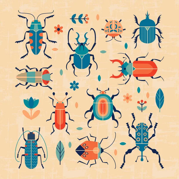 Cuadrado de insectos retro y florales ilustración. Diseño de póster vectorial con escarabajos en estilo vintage colorido 1960. — Vector de stock