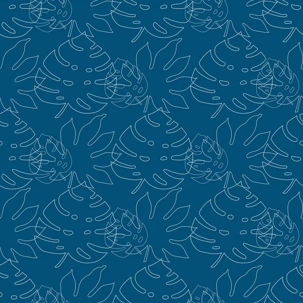 Patrón sin costura tropical de arte de línea sobre fondo azul. Hojas de palmera telón de fondo, textura vector simple. — Vector de stock