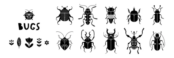 Black and white collection of retro bugs and florals. Vector illustration set of beetles in vintage style 1960s. — Stock Vector