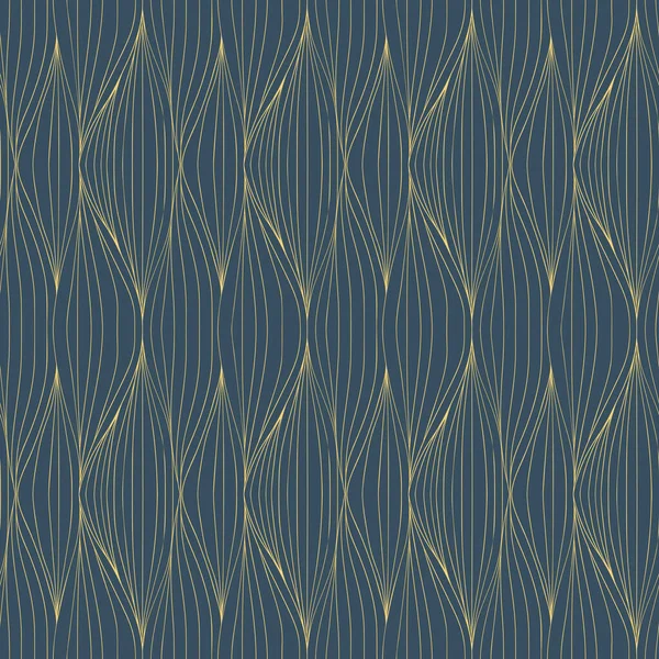 Patrón sin costura abstracto de línea de arte azul y amarillo dorado. Fondo de olas marinas. Doodle textura del cabello. — Vector de stock