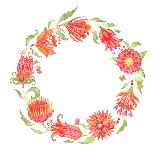 Watercolor floral wreath. Colorful hand-painted flowers create a circular shape frame. — Stock Photo, Image