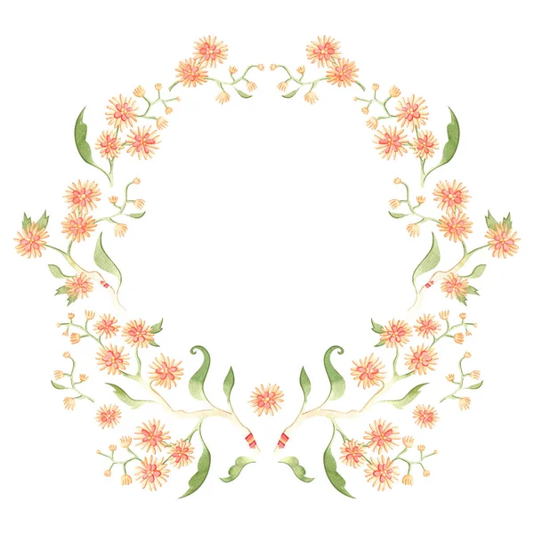 Aquarell-Blumenkranz. Handbemalte pastellfarbene Blumen schaffen einen kreisförmigen Rahmen. — Stockfoto