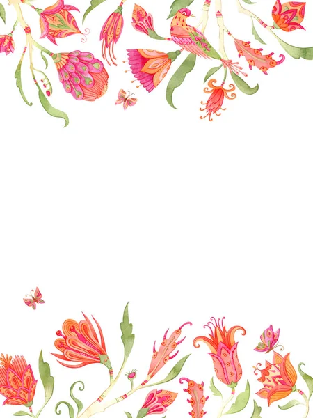 Aquarelle fond floral. Elégant cadre boho avec des fleurs colorées et des papillons. Isolé sur blanc, espace libre pour votre texte. — Photo