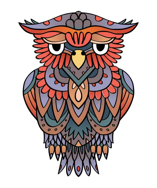 Colorful vector hand-drawn ornate owl. Tattoo style line art owl illustration. Decorative owl coloring book. — Stock Vector