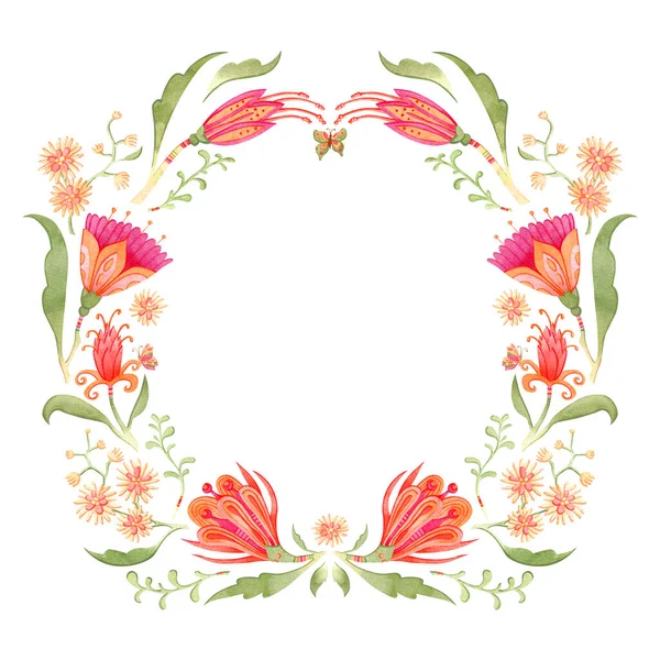 Watercolor floral wreath. Colorful hand-painted flowers create a circular shape frame. — Stock Photo, Image