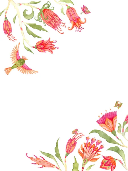 Acuarela fondo floral. Elegante marco boho con coloridas flores y pájaros. Aislado en blanco, espacio claro para su texto. — Foto de Stock