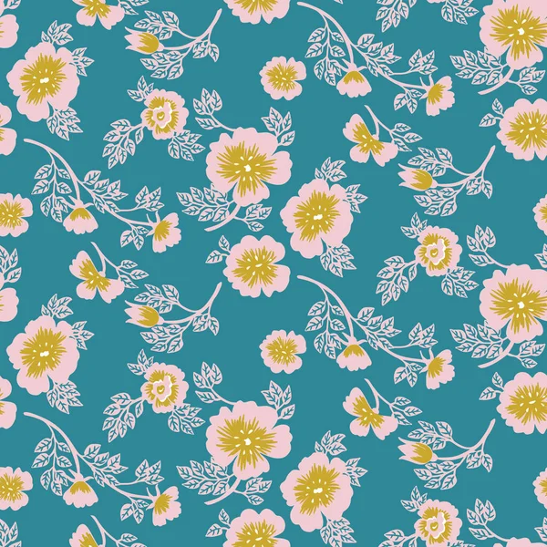 Motif sans couture rose stylisé. Motif floral vectoriel aux couleurs bleu, moutarde et rose. — Image vectorielle