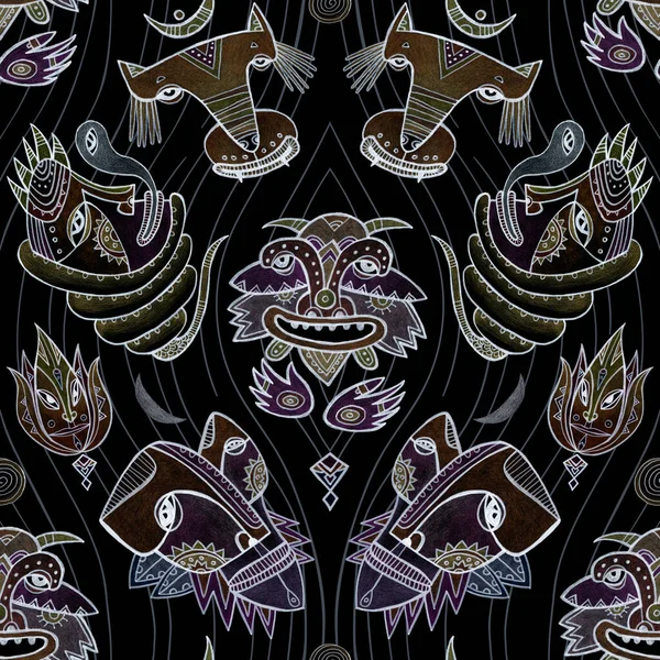 Dark Halloween Seamless Pattern Skull Ghosts Spirits Scary Creature Illustration — Stock Photo, Image