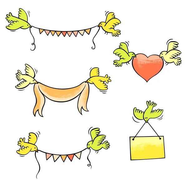 Set of vector birds carrying garlands, ribbon, heart and placard — Stock Vector
