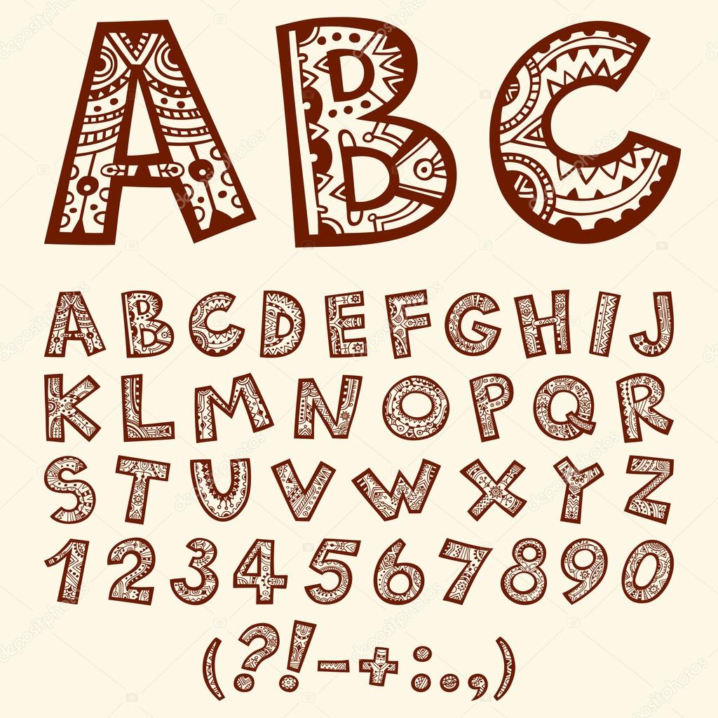 Hand drawn doodle folkloric ornamental alphabet with numbers.